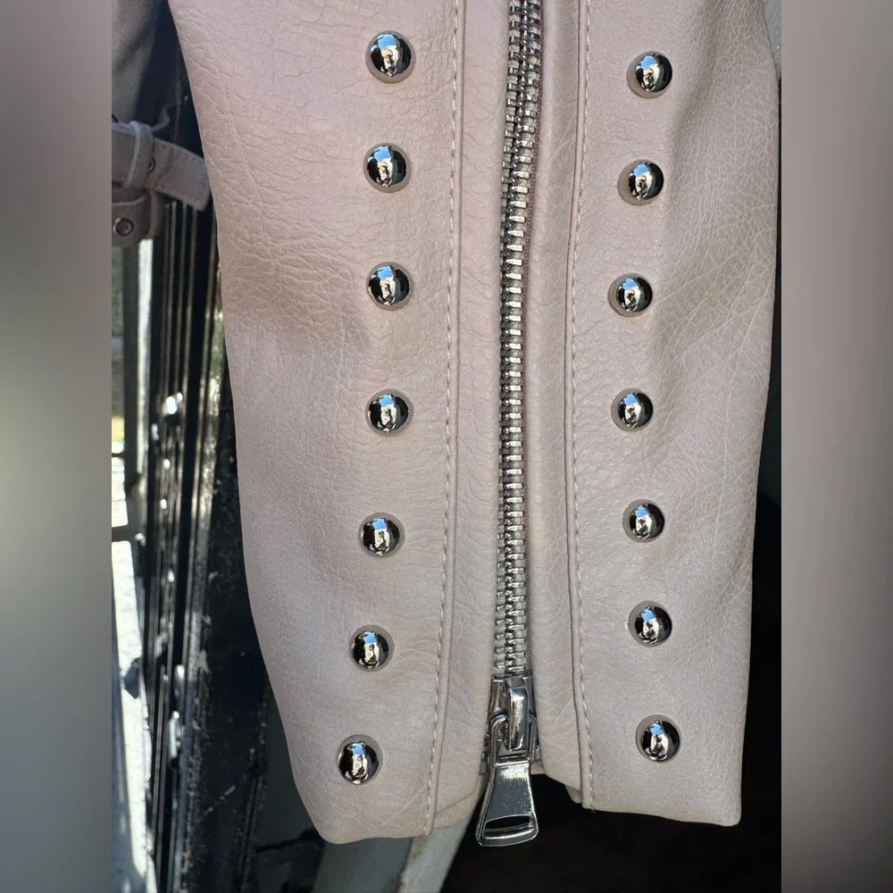 Boho Floral Embroidered Cream Biker Jacket Silver Studded Faux Leather  Size S - Picture 12 of 15